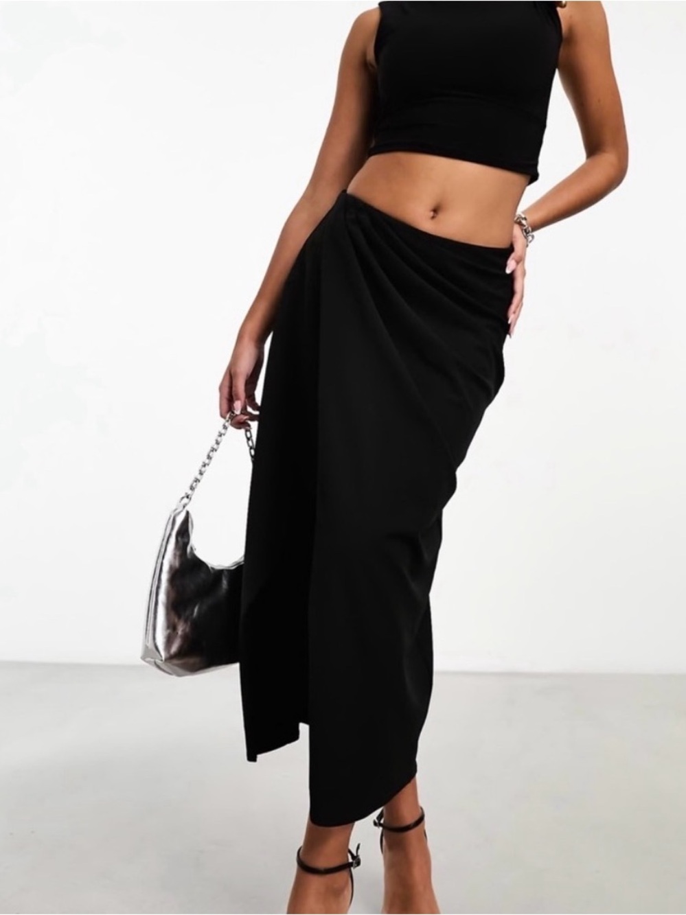 Abercrombie and Fitch Draped slit front midi skirt in black
